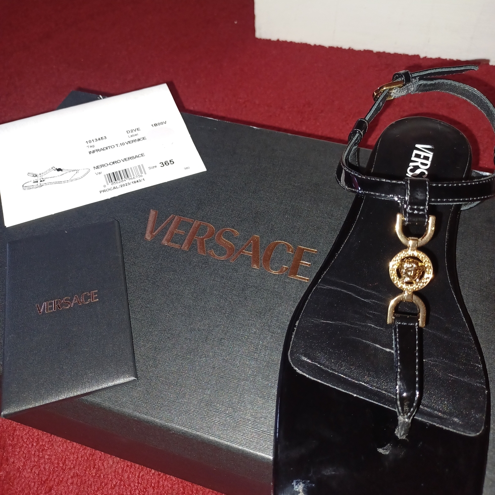 Versace Black Sandals with Gold Medallion